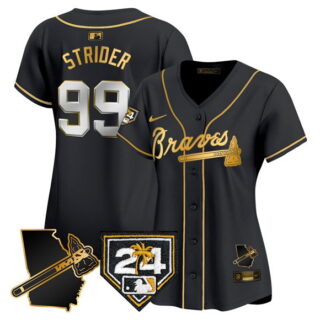 Women's Atlanta Braves #99 Spencer Strider Black Gold 2024 Spring Training & Georgia Patch Vapor Limited Stitched Baseball Jersey(Run Small)