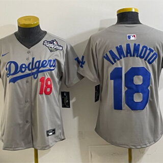 Women's Los Angeles Dodgers #18 Yoshinobu Yamamoto Grey 2025 World Series Patch Limited Stitched Baseball Jersey(Run Small)