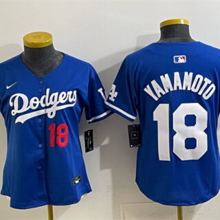 Women's Los Angeles Dodgers #18 Yoshinobu Yamamoto Royal 2025 World Series Champions Patch Limited Stitched Baseball Jersey(Run Small)