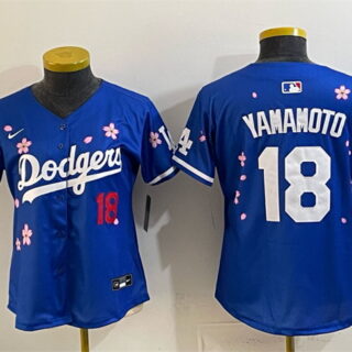 Women's Los Angeles Dodgers #18 Yoshinobu Yamamoto Royal 2025 World Series Champions Patch Tokyo Series Limited Stitched Baseball Jersey(Run Small)