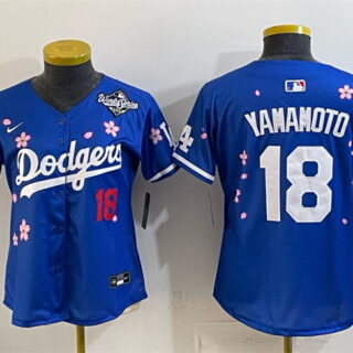 Women's Los Angeles Dodgers #18 Yoshinobu Yamamoto Royal 2025 World Series Patch Tokyo Series Limited Stitched Baseball Jersey(Run Small)