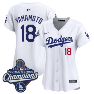 Women's Los Angeles Dodgers #18 Yoshinobu Yamamoto White 2025 World Series Champions Home Cool Base Stitched Baseball Jersey(Run Small)