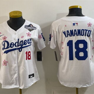 Women's Los Angeles Dodgers #18 Yoshinobu Yamamoto White 2025 World Series Patch Tokyo Series Limited Stitched Baseball Jersey(Run Small)