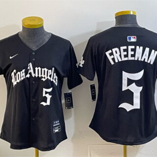 Women's Los Angeles Dodgers #5 Freddie Freeman Black 2025 World Series Champions LA Gothic Edition Limited Stitched Baseball Jersey(Run Small)