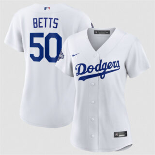 Women's Los Angeles Dodgers #50 Mookie Betts White 2025 World Series Champions Home Cool Base Stitched Baseball Jersey(Run Small) s
