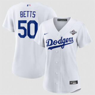 Women's Los Angeles Dodgers #50 Mookie Betts White 2025 World Series Home Cool Base Stitched Baseball Jersey(Run Small)