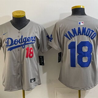 Youth Los Angeles Dodgers #18 Yoshinobu Yamamoto Grey 2025 World Series Champions Patch Limited Stitched Baseball Jersey