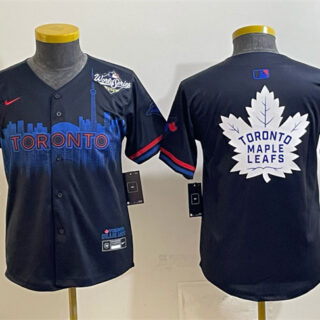 Youth Toronto Blue Jays & Leafs Navy 2025 World Series City Connect With White Leafs Logo Limited Stitched Baseball Jersey