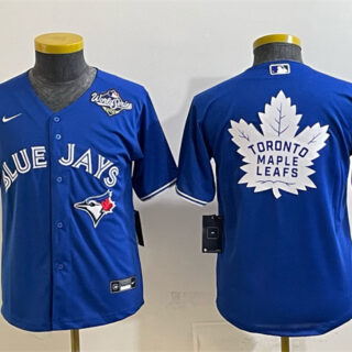 Youth Toronto Blue Jays & Leafs Royal 2025 World Series With White Leafs Logo Cool Base Stitched Baseball Jersey