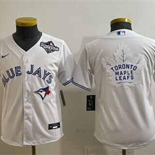 Youth Toronto Blue Jays & Leafs White 2025 World Series With White Leafs Logo Cool Base Stitched Baseball Jersey