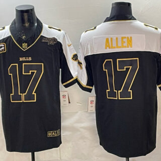 Men's Buffalo Bills #17 Josh Allen Black Gold 2025 F.U.S.E. With Bills Mafia Patch & 4-Star C Patch Vapor Limited Stitched Football Jersey