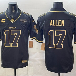 Men's Buffalo Bills #17 Josh Allen Black Gold 2025 F.U.S.E. Rivalries With Bills Mafia Patch & 4-Star C Patch Vapor Limited Stitched Football Jersey