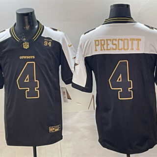 Men's Dallas Cowboys #4 Dak Prescott Black Gold 2025 F.U.S.E. 94 Marshawn Kneeland Memorial Patch Vapor Limited Stitched Football Jersey