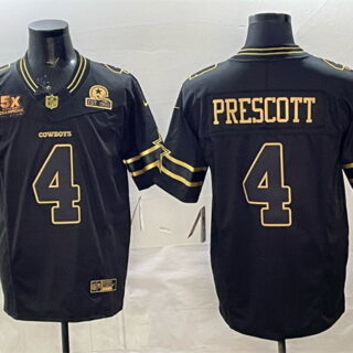 Men's Dallas Cowboys #4 Dak Prescott Black Gold 2025 F.U.S.E. With 5x Super Bowl Champions & Established In 1960 Patch Vapor Limited Stitched Football Jersey