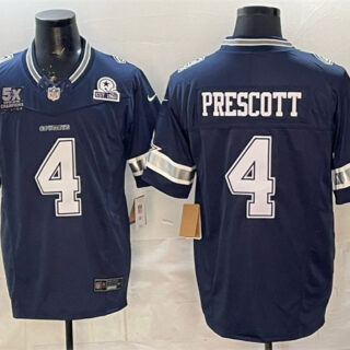 Men's Dallas Cowboys #4 Dak Prescott Navy F.U.S.E. With 5x Super Bowl Champions & Established In 1960 Patch Vapor Limited Stitched Football Jersey