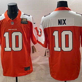 Men's Denver Broncos #10 Bo Nix Orange 2024 F.U.S.E. With 3-Time Champions Patch Throwback Vapor Limited Alternate Stitched Football Jersey