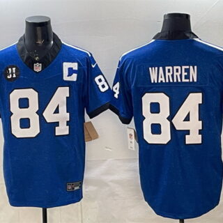 Men's Indianapolis Colts #84 Tyler Warren Blue 2025 F.U.S.E. Jim Irsay Patch Throwback Vapor Limited Stitched Football Jersey