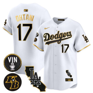 Men's Los Angeles Dodgers #17 Shohei Ohtani White Gold 2025 Vin & Kobe Patch Vapor Limited V2 Stitched Baseball Jersey