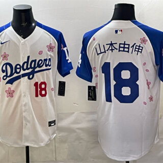 Men's Los Angeles Dodgers #18 Yoshinobu Yamamoto White Royal 2025 World Series Champions Patch Tokyo Series Limited Stitched Baseball Jersey