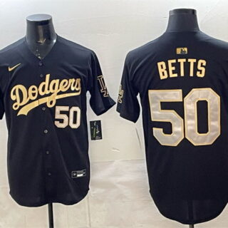 Men's Los Angeles Dodgers #50 Mookie Betts Black Gold 2025 World Series Champions Patch Limited Stitched Baseball Jersey