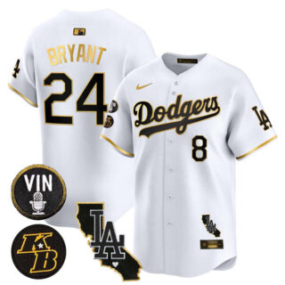Men's Los Angeles Dodgers Front #8 Back #24 Kobe Bryant White Gold 2025 Vin & Kobe Patch Vapor Limited V2 Stitched Baseball Jersey