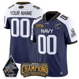Men's Navy Midshipmen Active Player Custom Navy White 2024 F.U.S.E. Champions Patch And Jolly Rogers VFA-103 Horvath Patch Stitched Football Jersey
