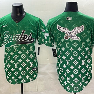 Men's Philadelphia Eagles Team Big Logo Green With Patch Limited Stitched Baseball Jersey