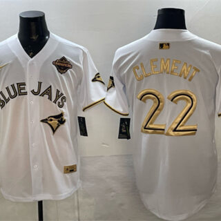 Men's Toronto Blue Jays #22 Ernie Clement White Gold 2025 American League Champions Limited Stitched Baseball Jersey