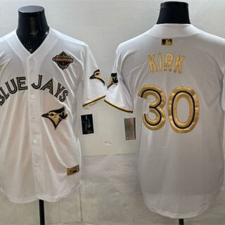 Men's Toronto Blue Jays #30 Alejandro Kirk White Gold 2025 American League Champions Limited Stitched Baseball Jersey