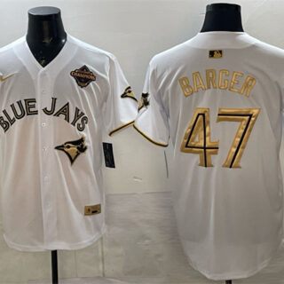 Men's Toronto Blue Jays #47 Addison Barger White Gold 2025 American League Champions Limited Stitched Baseball Jersey