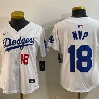 Women's Los Angeles Dodgers #18 MVP White 2025 World Series Champions Patch Limited Stitched Baseball Jersey(Run Small)