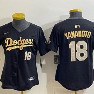 Women's Los Angeles Dodgers #18 Yoshinobu Yamamoto Black Gold 2025 World Series Champions Patch Limited Stitched Baseball Jersey(Run Small)