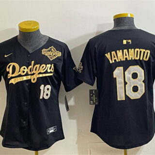 Women's Los Angeles Dodgers #18 Yoshinobu Yamamoto Black Gold 2025 World Series Patch Limited Stitched Baseball Jersey(Run Small)
