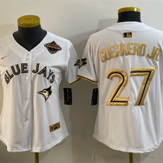Women's Toronto Blue Jays #27 Vladimir Guerrero Jr. White Gold 2025 American League Champions Limited Stitched Baseball Jersey(Run Small)