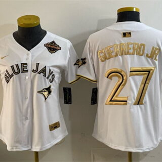 Women's Toronto Blue Jays #27 Vladimir Guerrero Jr. White Gold 2025 American League Champions Limited Stitched Baseball Jersey(Run Small)