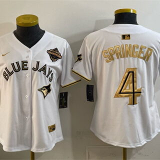 Women's Toronto Blue Jays #4 George Springer White Gold 2025 American League Champions Limited Stitched Baseball Jersey(Run Small)