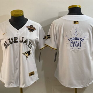 Women's Toronto Blue Jays & Leafs White Gold 2025 American League Champions With White Leafs Logo Limited Stitched Baseball Jersey(Run Small)