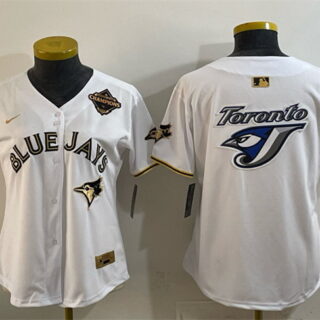 Women's Toronto Blue Jays Team Big Logo White Gold 2025 American League Champions Limited Stitched Baseball Jersey(Run Small)