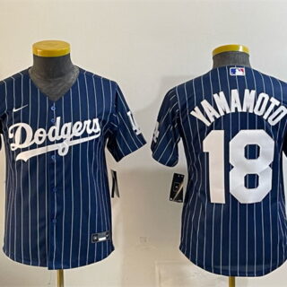 Youth Los Angeles Dodgers #18 Yoshinobu Yamamoto Navy Pinstripe 2025 World Series Champions Patch Cool Base Stitched Baseball Jersey