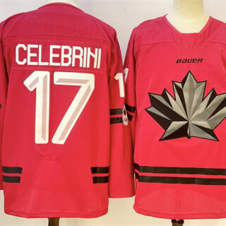 Men's Canada Hockey #17 Macklin Celebrini Red Stitched Jersey