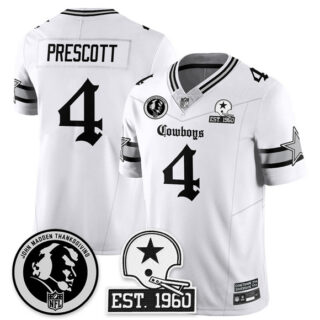 Men's Dallas Cowboys #4 Dak Prescott White 2025 F.U.S.E. With John Madden Patch & Established In 1960 Patch Vapor Limited Stitched Football Jersey