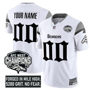 Men's Denver Broncos Active Player Custom White F.U.S.E 2025 Afc West Champions Patch Gothic Mile High Shadows Edition Vapor Limited Stitched Football Jersey