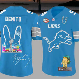 Men's Detroit Lions Blue Bad Bunny Super Bowl Football Jersey
