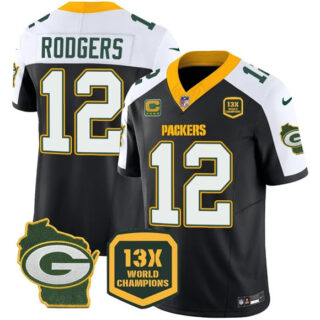 Men's Green Bay Packers #12 Aaron Rodgers Black White 2023 F.U.S.E. Home Patch With 4-Star C Patch 13 Time World Champions Vapor Untouchable Limited Stitched Football Jersey