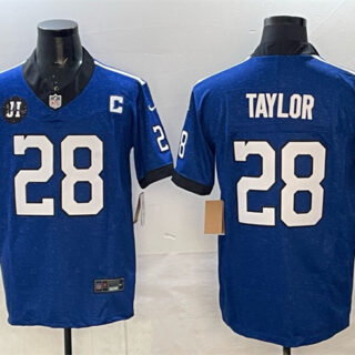 Men's Indianapolis Colts #28 Jonathan Taylor Blue 2025 F.U.S.E. Jim Irsay Patch Throwback Vapor Limited Stitched Football Jersey