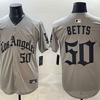 Men's Los Angeles Dodgers #50 Mookie Betts Grey LA Gothic Style With 2025 World Series Champions Patch Limited Stitched Baseball Jersey