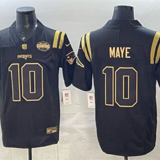 Men's New England Patriots #10 Drake Maye Black Gold F.U.S.E. 2025 AFC East Championship Patch Limited Stitched Football Jersey
