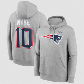 Men's New England Patriots #10 Drake Maye Heather Gray 2025 Super Bowl LX Patch Name & Number Hoodie
