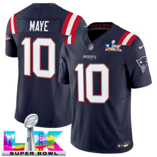 Men's New England Patriots #10 Drake Maye Navy 2025 F.U.S.E. Super Bowl LX Patch Vapor Limited Stitched Football Jersey