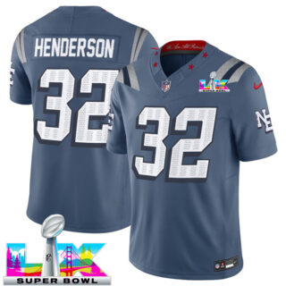 Men's New England Patriots #32 TreVeyon Henderson Storm Blue 2025 F.U.S.E. Super Bowl LX Patch Rivalries Vapor Limited Stitched Football Jersey